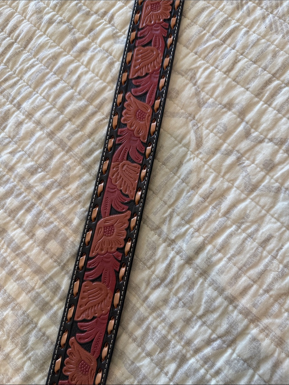 Roper Brown and Black Tooled Floral Leather Belt with Round Metal Buckle - Picture 4 of 9